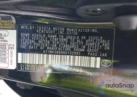 2006 Toyota Avalon Xls z USA, uszkodzony, nr VIN 4T1BK36B06U132993